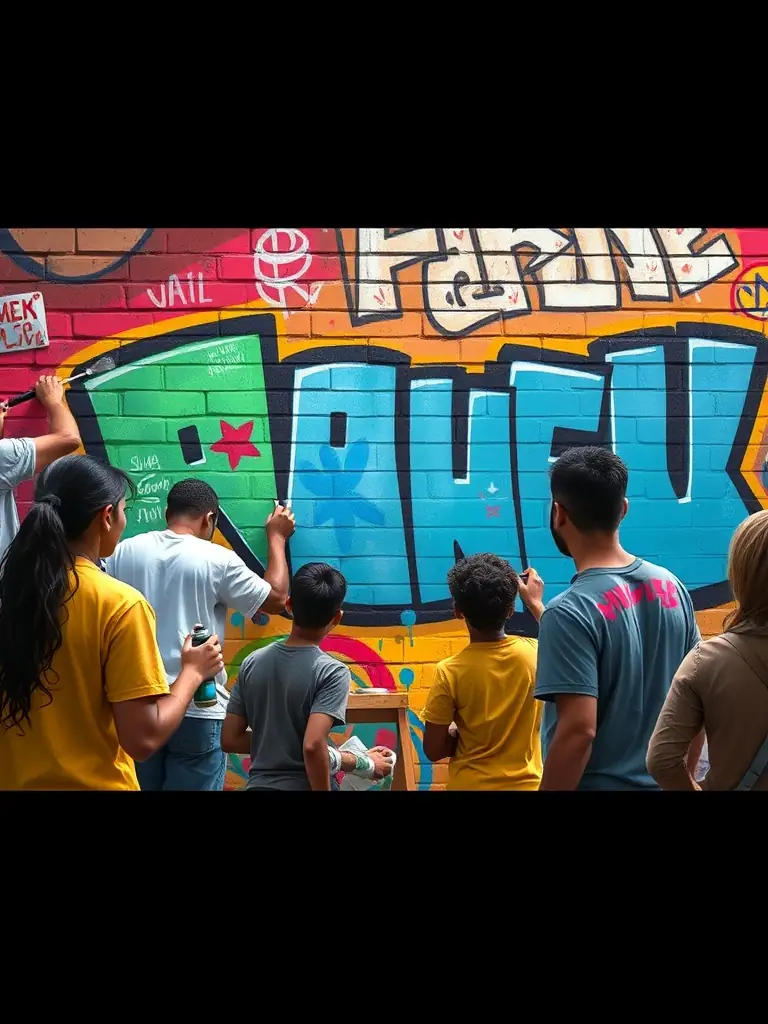 A dynamic image of artists collaborating on a public art installation, highlighting community involvement and artistic expression.