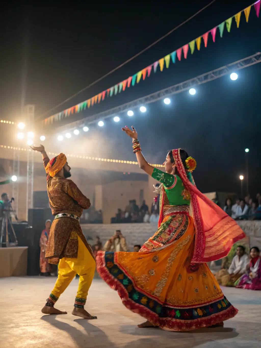 A vibrant photograph capturing a diverse group of performers on stage during a cultural festival, showcasing music, dance, and theatrical arts.