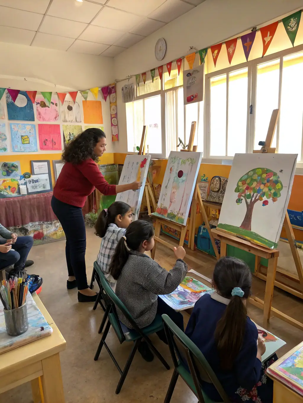 A photograph of a workshop where artists are teaching children various art forms, emphasizing education and talent development.